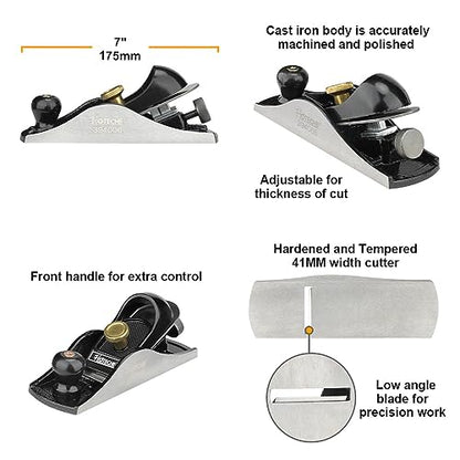 Hoteche 7-Inch Block Plane - Fully Adjustable 1-5/8-Inch Alloy Steel Blade, Fine Finished Bottom, and Sides, Precision Casting for Smooth Surfaces - WoodArtSupply