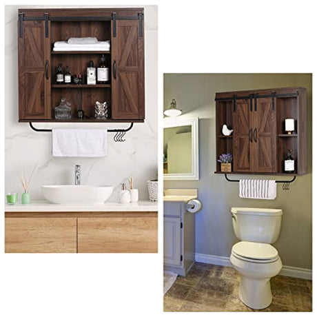 RUSTOWN Rustic Wood Wall Storage Cabinet with Two Sliding Barn Door, 3-Tier Decorative Farmhouse Vintage Cabinet for Kitchen Dining, Bathroom, Living RUSTOWN