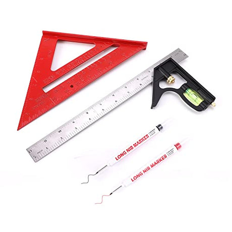 Rafter Square and 12 inch Combo Square Set, Carpentry Squares, Combination Square with Bubble Vial, Woodworking Square, Aluminum Rafter Square, LARMEIL