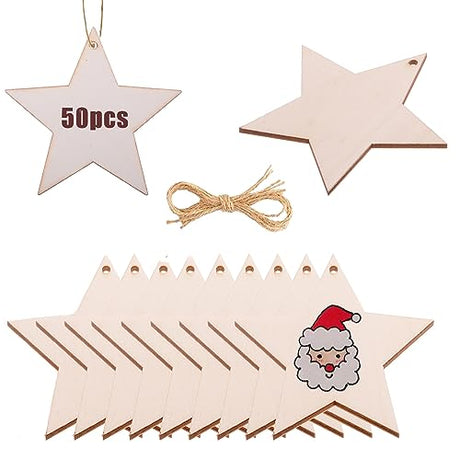 50PCS Christmas Wooden Stars Ornaments Wooden Stars for Crafts Hanging Decorations DIY Christmas Ornament Unfinished Wood Crafts to Paint Wood Slices BESPMOSP