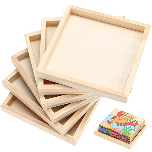 6pcs Unfinished Wood Trays,Creative Puzzle Blocks DIY Tray,Natural Wood Art  Boards for Painting, Drawing & Art Crafts