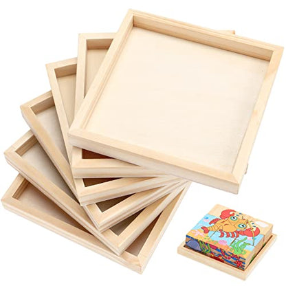 6pcs Unfinished Wood Trays,Creative Puzzle Blocks DIY Tray,Natural Wood Art Boards for Painting, Drawing & Art Crafts