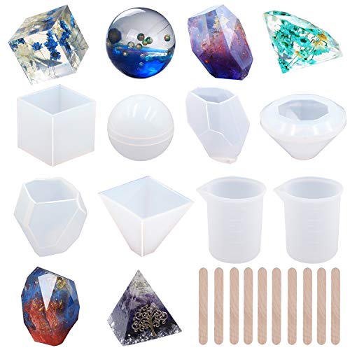 EuTengHao 18Pcs DIY Silicone Resin Casting Molds Tools Set Includes 6 Resin Casting Molds Large Clear Silicone Molds 2 Measurement Cup 10 Wood Sticks EuTengHao