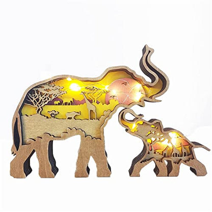 3D Wooden Forest Animal Wall Decor with Light String - Handcrafted Elephant Ornaments for Home Decoration - WoodArtSupply