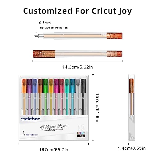 Welebar 12 Pack Glitter Gel Pens for Cricut Joy/Xtra, 0.8 Tip Glitter Medium Point Pen for Writing Drawing, Compatible with Cricut Joy Machine Welebar
