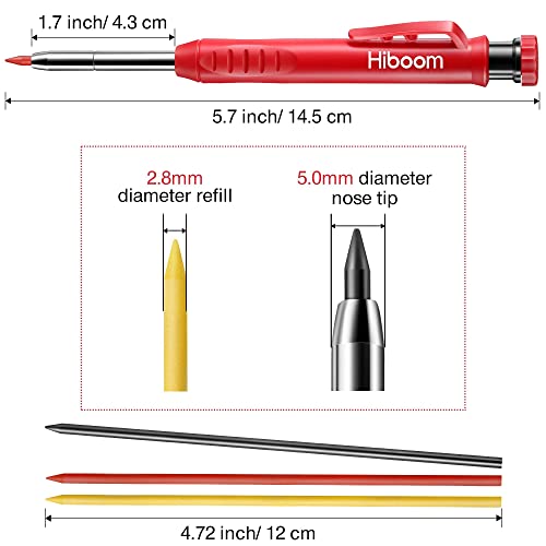 Hiboom 2 Pack Solid Carpenter Pencil with 14 Refill, Long Nosed Deep Hole Mechanical Pencil Marker with Built-in Sharpener for Carpenter Woodworking Hiboom