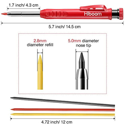 Hiboom 2 Pack Solid Carpenter Pencil with 14 Refill, Long Nosed Deep Hole Mechanical Pencil Marker with Built-in Sharpener for Carpenter Woodworking - WoodArtSupply