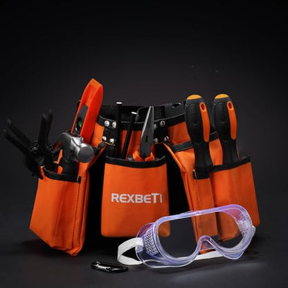 REXBETI 18pcs Young Builder's Tool Set with Real Hand Tools, Reinforced Kids Tool Belt, Waist 20"-32", Kids Learning Tool Kit for Home DIY and