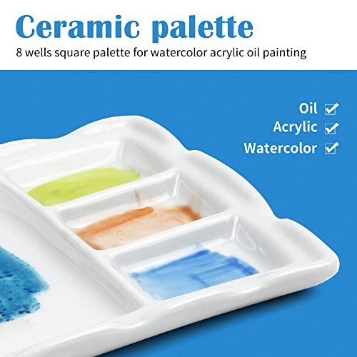  Falling in Art Artist Ceramic Palette, 9 Well Rectangle  Porcelain Watercolor Paint Palette for Watercolor Gouache Acrylic Oil  Painting, 7-Inch