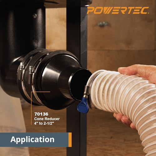 POWERTEC 70402 4" Hose to 2-1/2" Hose Cone Reducer and 2-1/2" Dust Control Flex Cuff with Adjustable Key Hose Clamps for Dust Collection on Power POWERTEC