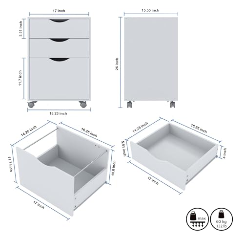 QDSSDECO 3 Drawer Mobile File Cabinet, Rolling Vertical Filing Cabinet fits A4, Legal Paper and Letter Paper for Home Office, White QDSSDECO
