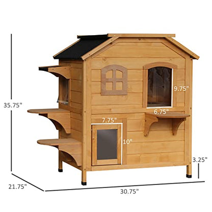 PawHut 2-Story Cat House Outdoor, Weatherproof Wooden Cat Enclosure for Feral Cats with Escape Door, Openable Roof, Jumping Platforms, Natural - WoodArtSupply