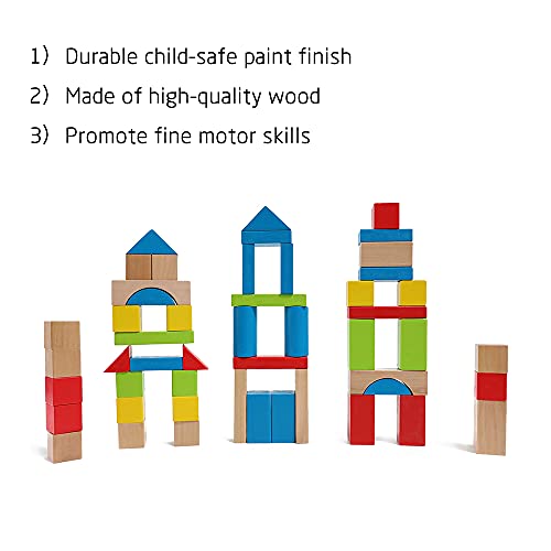 Maple Wood Kids Building Blocks by Hape | Stacking Wooden Block Educational Toy Set for Toddlers, 50 Brightly Colored Pieces in Assorted Shapes and Hape