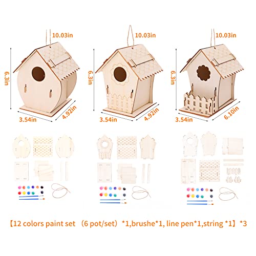 3 Pack DIY Wooden Birdhouse Kits, Arts and Crafts Painting Kits for Kids, Includes Unfinished Wooden Bird House, Paints, Brushes, Creative Gifts for