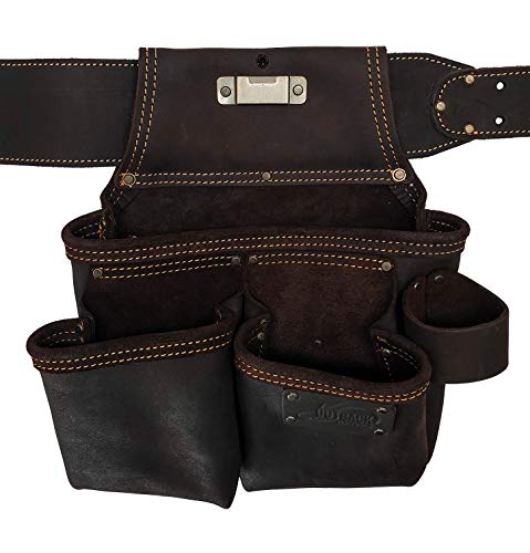 OX Tools Pro 4 Piece Carpenter Tool Belt, Construction Rig, Leather Tool Belt with Two Pouches, Hammer Holder, Tape Measure Pocket, Adjustable OX Tools