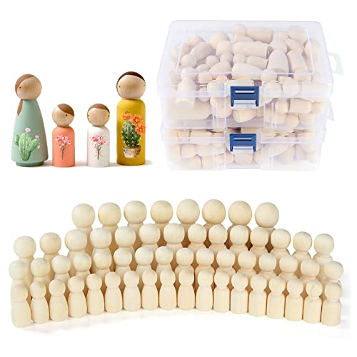 JMIATRY 100PCS Wooden Peg People Peg Dolls Unfinished Wooden People Figures with Storage Case Peg People Family for Craft Art Projects and Decoration