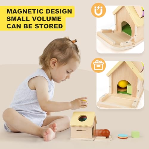 5-in-1 Wooden Play Kit Montessori Toy, Object Permanence Box, Coin Box, Toddler Ball Coin Drop Toy House, Shape Sorter, Toddlers Wooden Learning Toy