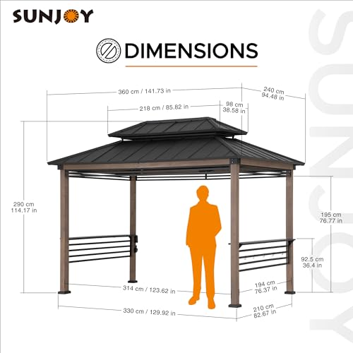 Sunjoy Wooden Grill Gazebo with AC Power Port, 8 x 12 ft. Steel Hardtop Outdoor Gazebo for Year-Round Grilling, Cedar Framed Gazebo with Built-in