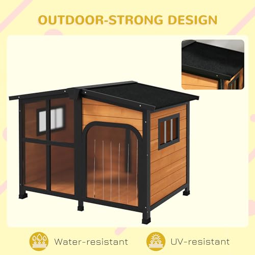 PawHut Outside Cabin-Style Wooden Dog House for Large Dogs with Openable Roof & Giant Window, Outdoor & Indoor Big Dog House, Asphalt Roof, Yellow PawHut