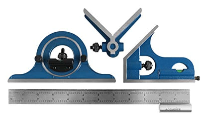 Accusize Industrial Tools 12'' 4 Combination Square Ruler Set Protractor Satin, 4-R Graduation, 0000-8101 - WoodArtSupply