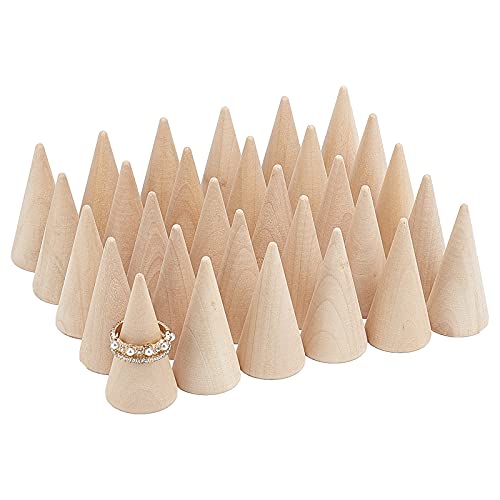 FINGERINSPIRE 30 Pcs Wood Cone Ring Holder Finger Jewelry Display Stand（Burlywood 1x2 Inch） Ring Display Stands Organizer DIY Craft for Retail
