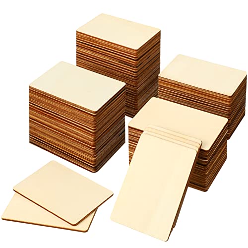 100 Pieces Wood Rectangles for Crafts 3 x 2 Inch Blank Wood Pieces Unfinished Wood Blanks Round Corner Wooden Cutout Tile Small Wooden Sheets for DIY