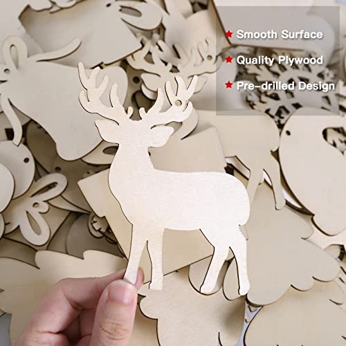 Max Fun 120PCS DIY Wooden Christmas Ornaments Unfinished Predrilled Wood for Crafts Centerpieces Holiday Birthday Hanging Decorations in 12 Shapes - WoodArtSupply