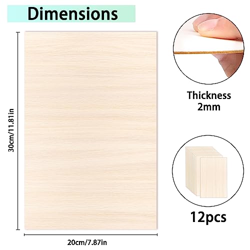 DIYDEC 12 Pack Basswood Sheets 12 x 8 x 1/13 Inch Thin Plywood Wood Sheets Unfinished Wood Squares Boards Balsa Wood Sheets for Crafts Architectural