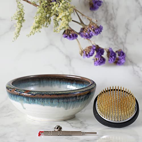 Wazakura Made in Japan Ikebana for Beginners Tool Kit, Minoyaki White & Blue Flower Vase, 2.4in (61mm) Brass Kenzan Holder, Cleaner (Minoyaki White & Wazakura