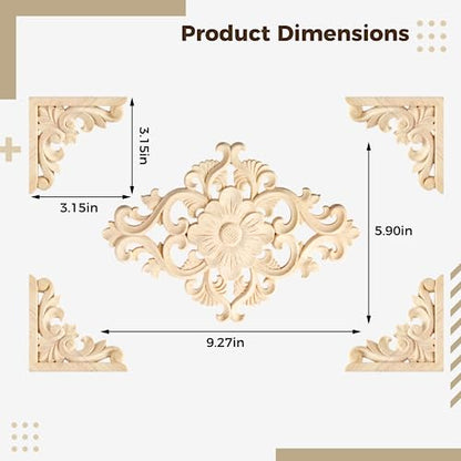 20pcs(4 Pack) Wood Appliques Decorative Carved Onlays, Wooden Carved Appliques DIY Decoration for Wood Furniture, Wood Carving Decals for Wall