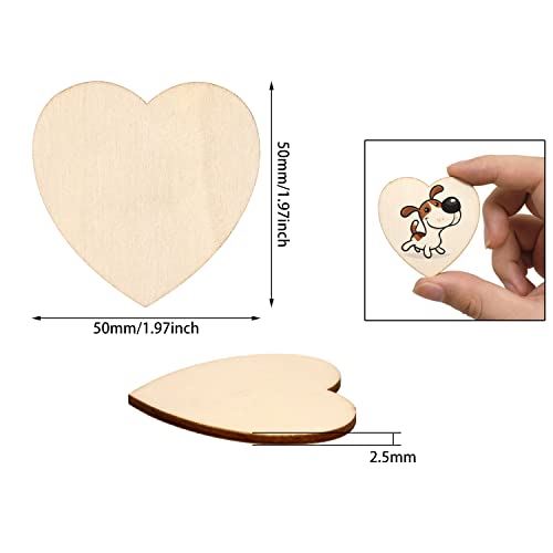 yueton 50PCS 50mm/2inch Unfinished Blank Love Heart Wood Pieces Wood Slices Wood Chips Wooden Heart Shaped Embellishments Heart Wood Cutouts