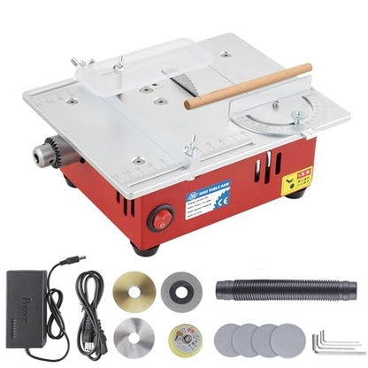 Mini Table Saw Small Precision Hobby Table Saw, 1/2" Adjustable Cut Depth, w/Chuck, Sanding Disc, 96W Adjustable Speed Power Supply, for