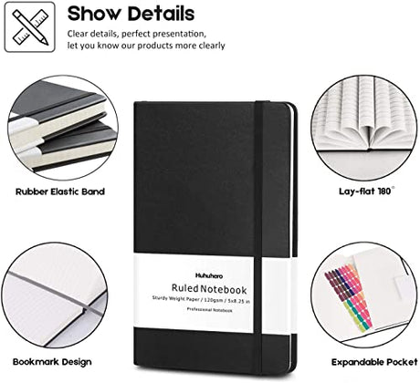 Huhuhero Lined Notebook Journal, 120Gsm Thick Paper Journals for Writing, 5 Pack Hardcover Leather Notebooks for Men Women, Daily Journal for Work Huhuhero