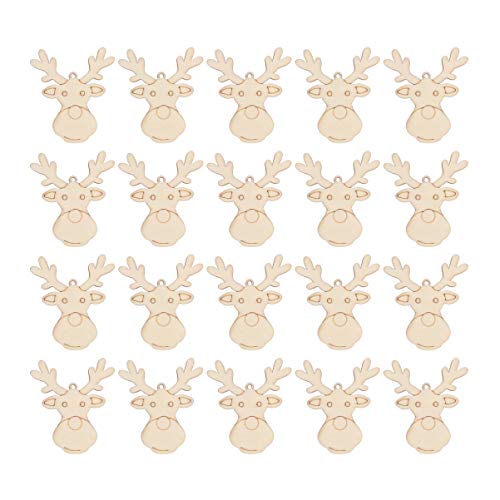 Amosfun 20PCS Christmas Unfinished Reindeer Head Wood Hanging Pendant DIY Painted Wood Tag Xmas Tree Decoration (Style B)