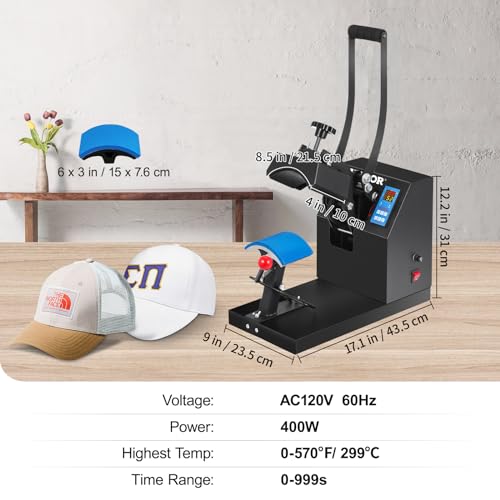 VEVOR Hat Press Machine 3.5X5.9 Inch Cap Press Heat Press Machine Professional Transfer Hat Press with 12000 Hours Life Digital LCD Timer and VEVOR