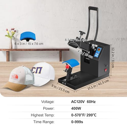 VEVOR Hat Press Machine 3.5X5.9 Inch Cap Press Heat Press Machine Professional Transfer Hat Press with 12000 Hours Life Digital LCD Timer and