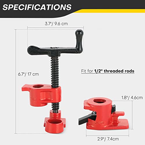 Acymner Wood Gluing Pipe Clamp Set | 1/2" Heavy Duty Woodworking Cast Iron Pipe Clamps Quick Release Pipe Wood Clamps (6 Pack, 1/2") - WoodArtSupply