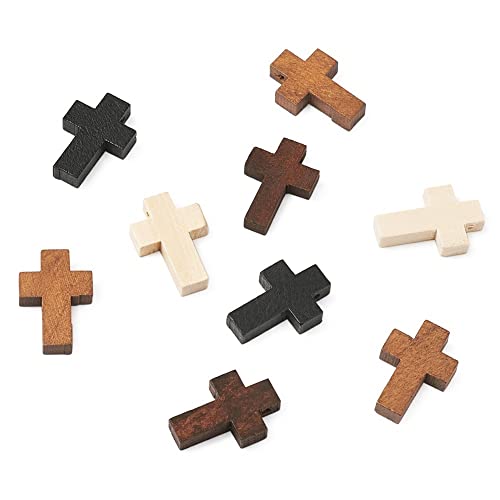 KISSITTY 100Pcs/box Wooden Cross Charms 4 Colors Natural Unfinished Wood Cross Crafts Beads Small Cross Charms Pendants Hole: 1.8mm for Necklace KISSITTY