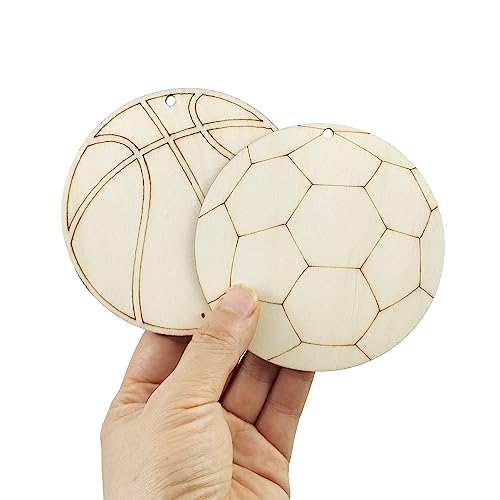 32 Pack Wood Soccer & Basketball Cutouts Soccer & Basketball Shaped Wood Slices Soccer & Basketball Theme Sports Hanging Ornaments Gift Tags for Home