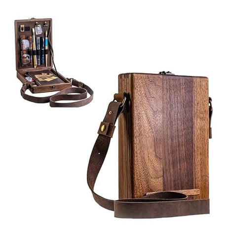 Art Easel Messenger Wood Box: Vintage Portable Travel Wooden Handmade Crossbody Postman Bag, Tabletop Painting Easel Art Case Storage Bag for IULAVP