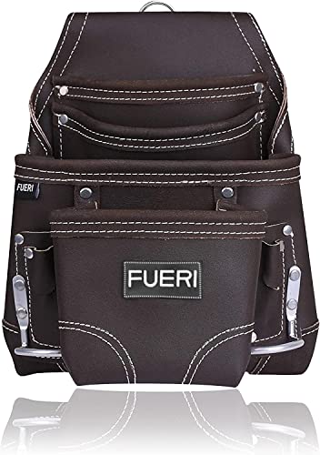 FUERI Leather Tool Pouch for Carpenters 10 Pocket Framers Belt Bag | High Gauge Premium Oil Tanned Leather Construction Maintenance Organizer Tool FUERI