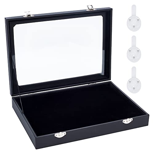 NBEADS Black Velvet Pin Display Case, 11x7.8x1.9 Inch Wall Hanging Brooch Jewelry Storage Case Wooden Presentation Boxes with Glass Window and NBEADS