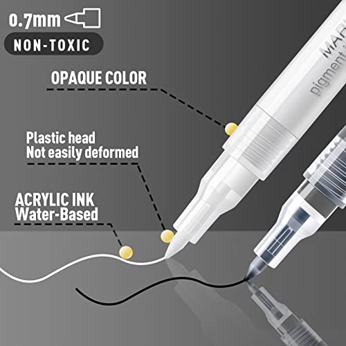 Acrylic White Paint Pen Fine Tip: 8 Pack 0.7mm Black White Paint Marker Pens for Art, Water-Based White Markers for Black Paper Metal Wood Stone AKARUED