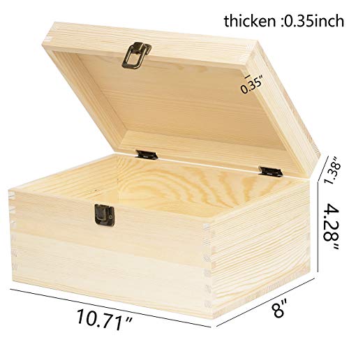 Extra Large Rectangle Unfinished Pine Wood Box Natural DIY Craft with Hinged Lid and Front Clasp for Arts Hobbies and Home Storage-10.71x8x5.66