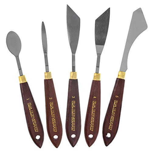 U.S. Art Supply 5-Piece Artist Stainless Steel Palette Knife Set - Wood Hande Flexible Spatula Painting Knives for Color Mixing Spreading, Applying - WoodArtSupply