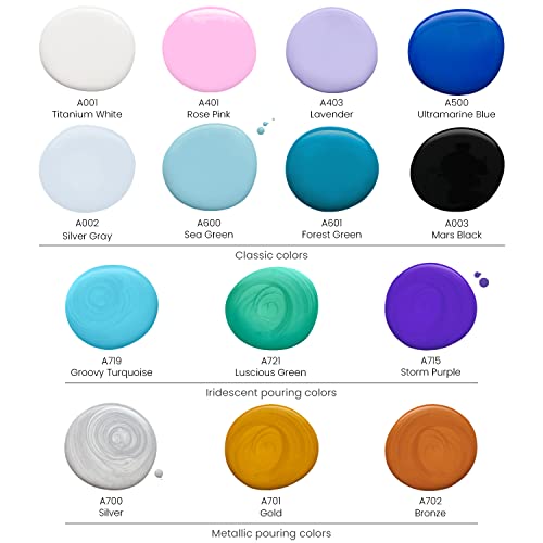Arteza Acrylic Pouring Paint Kit, 14 Glossy Colors — 8 Pastel & Bright, 3 Iridescent, 3 Metallic, 2 x Stretched Canvas, 2 Wooden Slices, Glitter, and ARTEZA