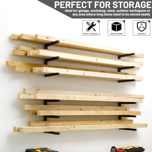 YYR Wood Organizer and Lumber Storage Rack Wall Mount, Heavy Duty Metal Shelf with 6-Level Holds Up 1200 LBS, Indoor & Outdoor Use - Black - WoodArtSupply