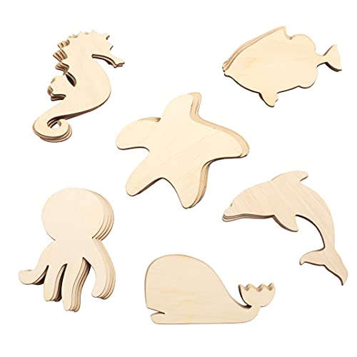 PLYDOLEX 24 Pieces Unfinished Wooden Cutouts Sea Animals Cutouts - 6 Shapes of Fish Cutouts: Wooden Stars, Dolphin Cutout, Octopus Cutout and Others Plydolex