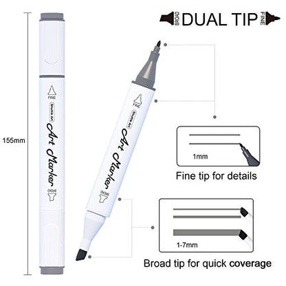 Shuttle Art 15 Colors Grey Tones Dual Tip Art Marker, Permanent Marker Pens Double Ended with Fine Bullet and Chisel Point Tips Perfect for - WoodArtSupply