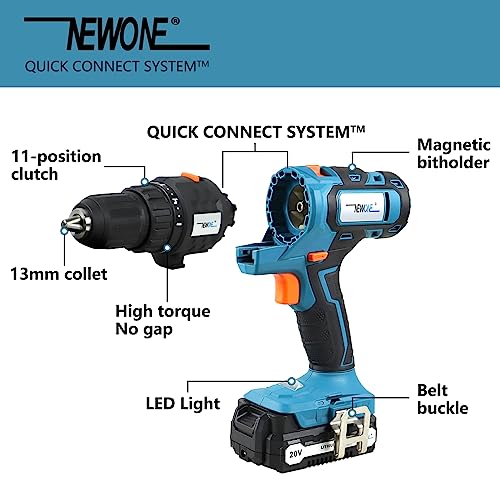 NEWONE 20V Cordless Combo Kit,5-Tool Tool Combo Kit with Case,Drill,Recip saw,Jig saw,Oscillating tool,Sander with Accessories,Two 2.0Ah Lionthium NEWONE